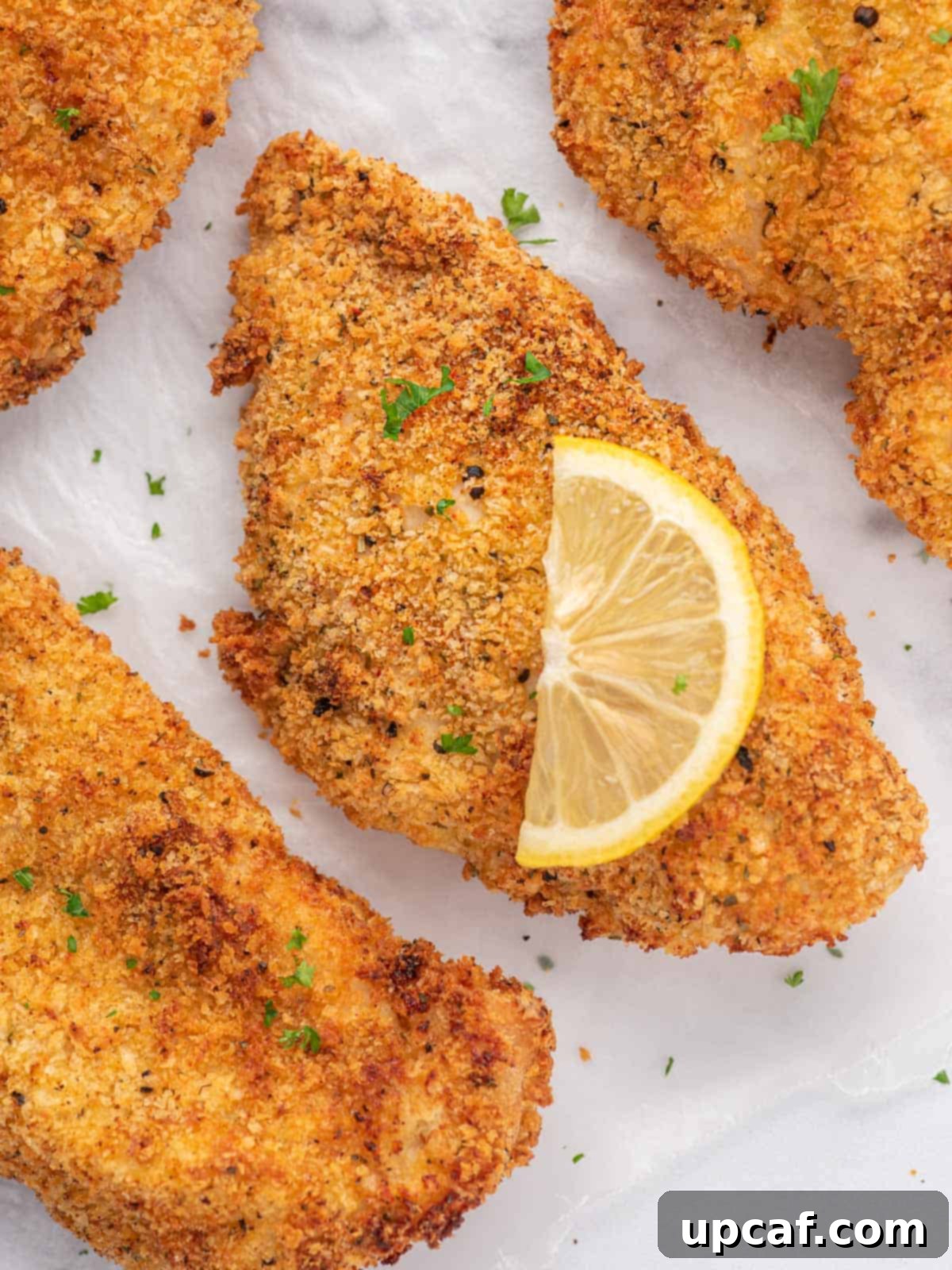 Plated air fryer chicken cutlets, garnished with fresh parsley and lemon wedges.