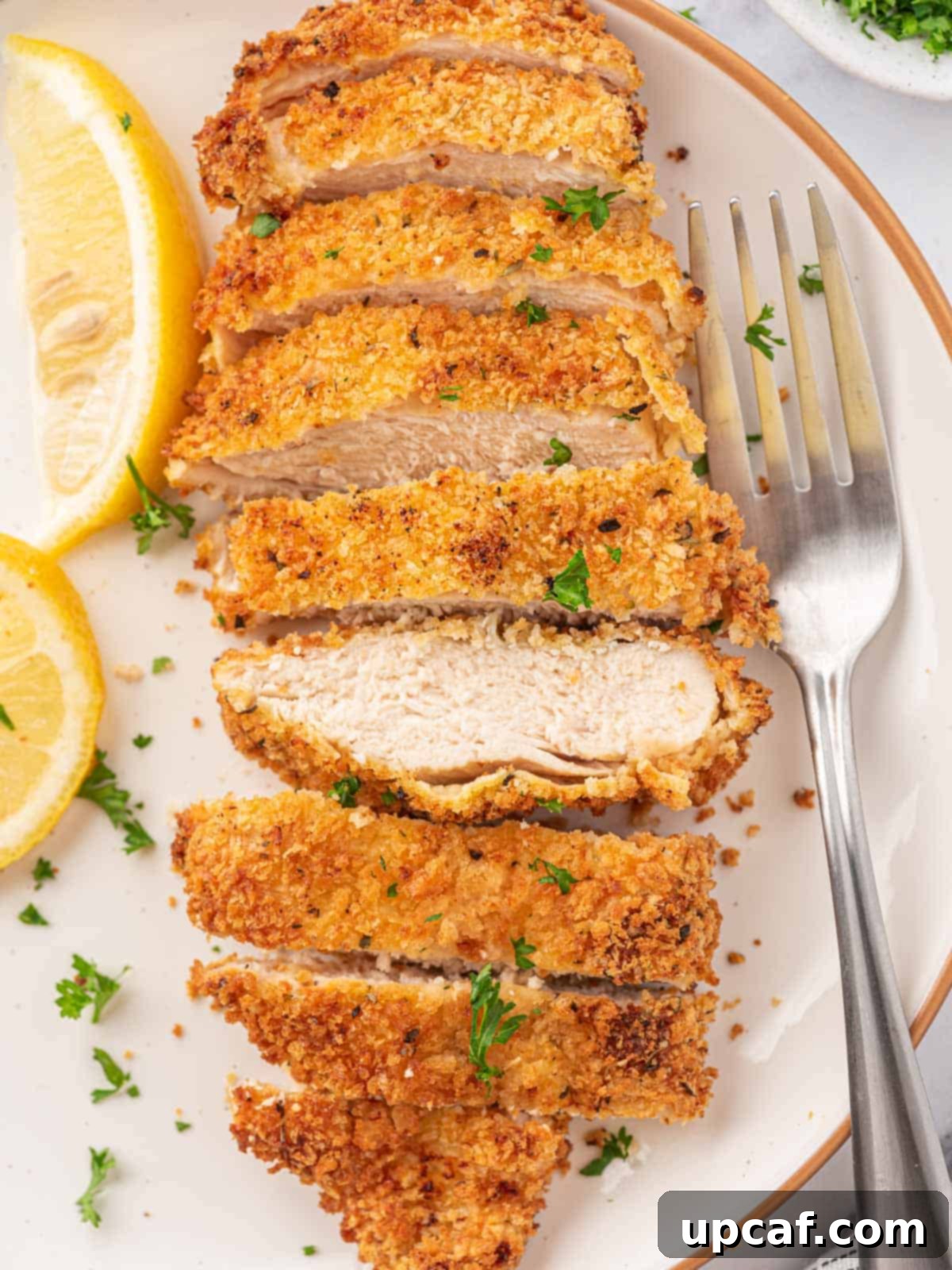 A close-up of a perfectly air-fried breaded chicken cutlet, showing its crispy texture.