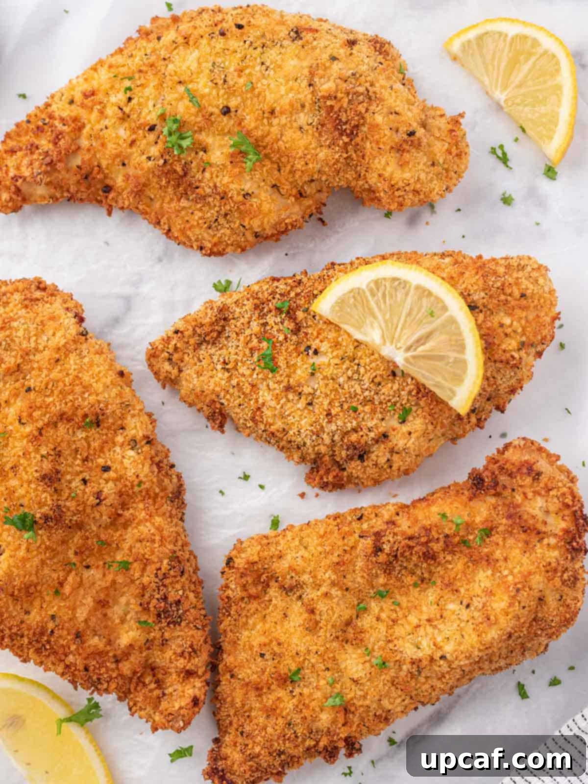 Plated air fryer chicken cutlets, garnished with fresh parsley and lemon wedges.