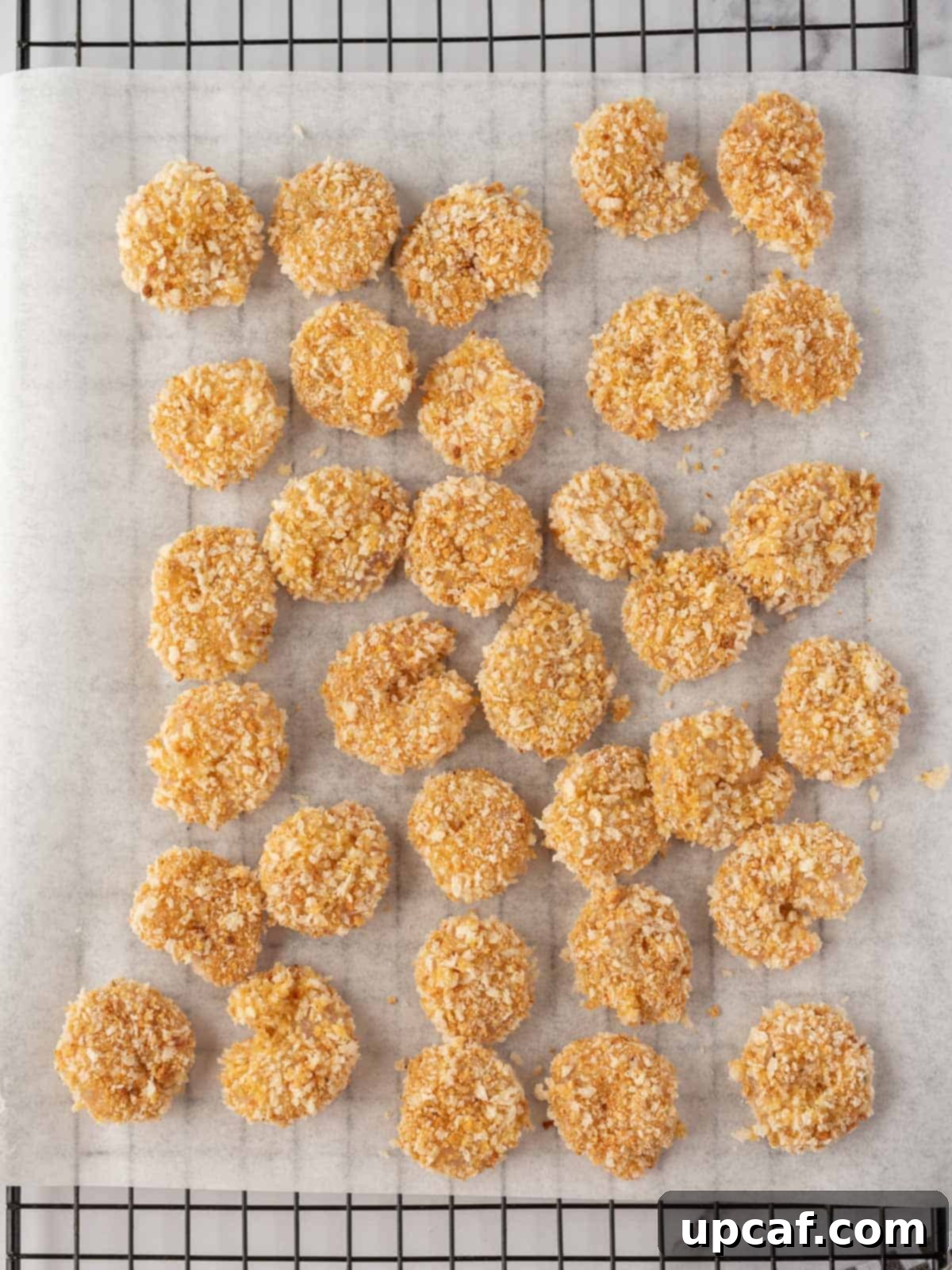 Homemade popcorn shrimp breaded and laying on a baking rack topped with parchment, ready for the air fryer.
