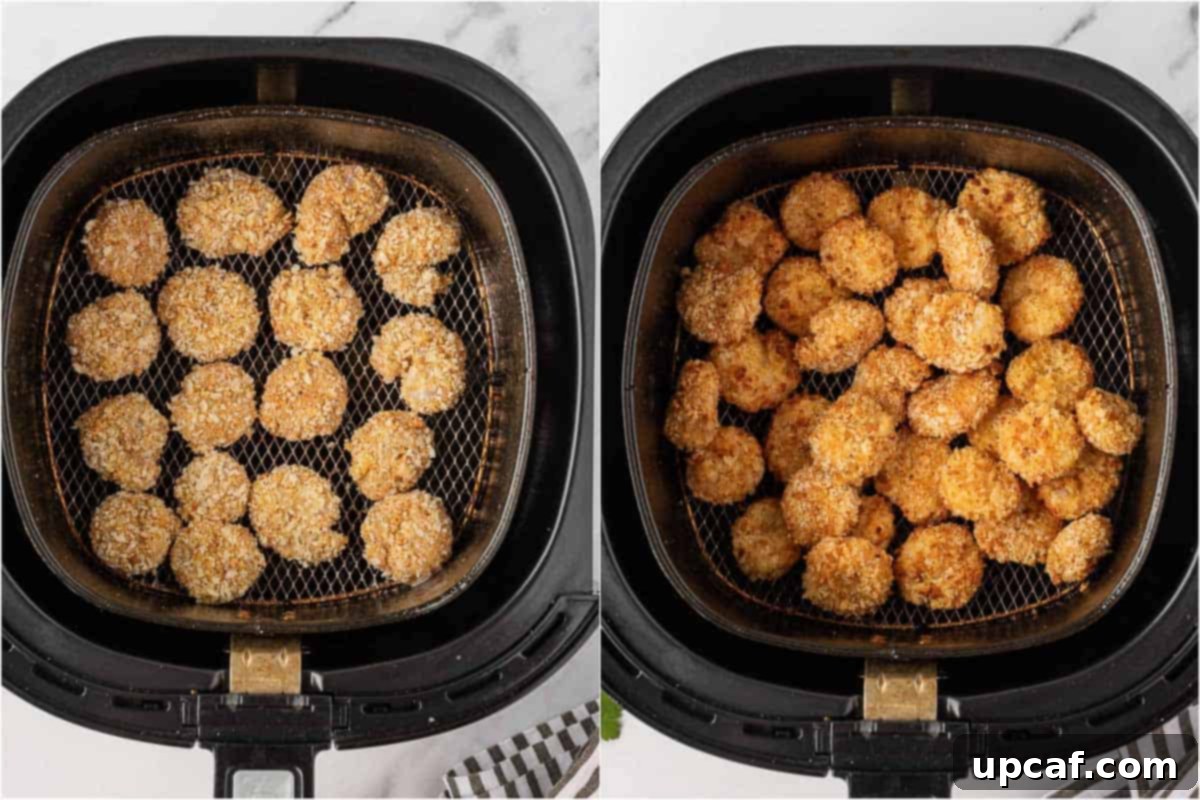 Before and after comparison of homemade popcorn shrimp cooked in an air fryer, showing golden crispy results.