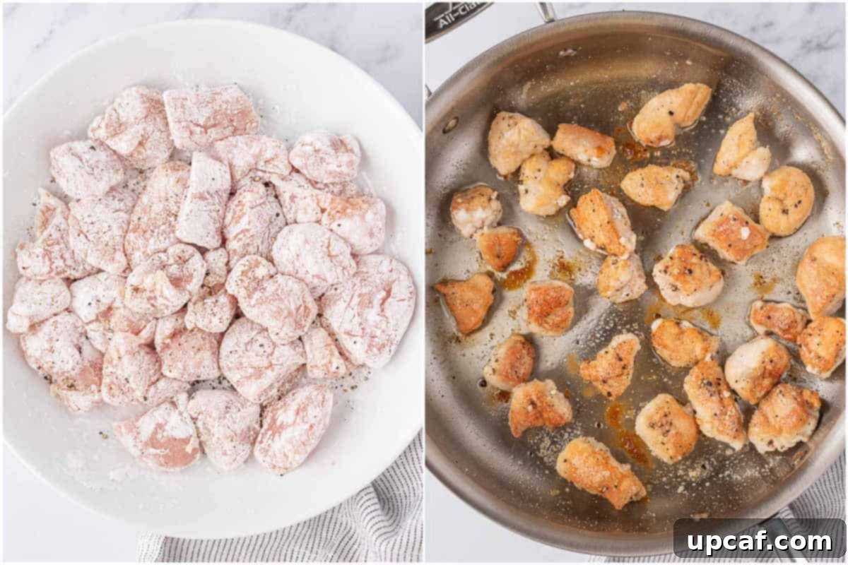 Seasoned and stir-fried chicken teriyaki pieces cooking in a skillet.