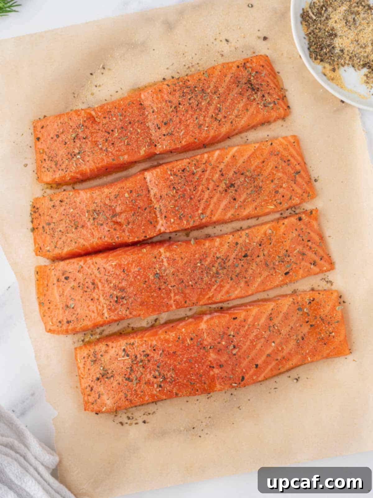 Salmon fillets seasoned with Greek herbs and spices, ready for cooking.