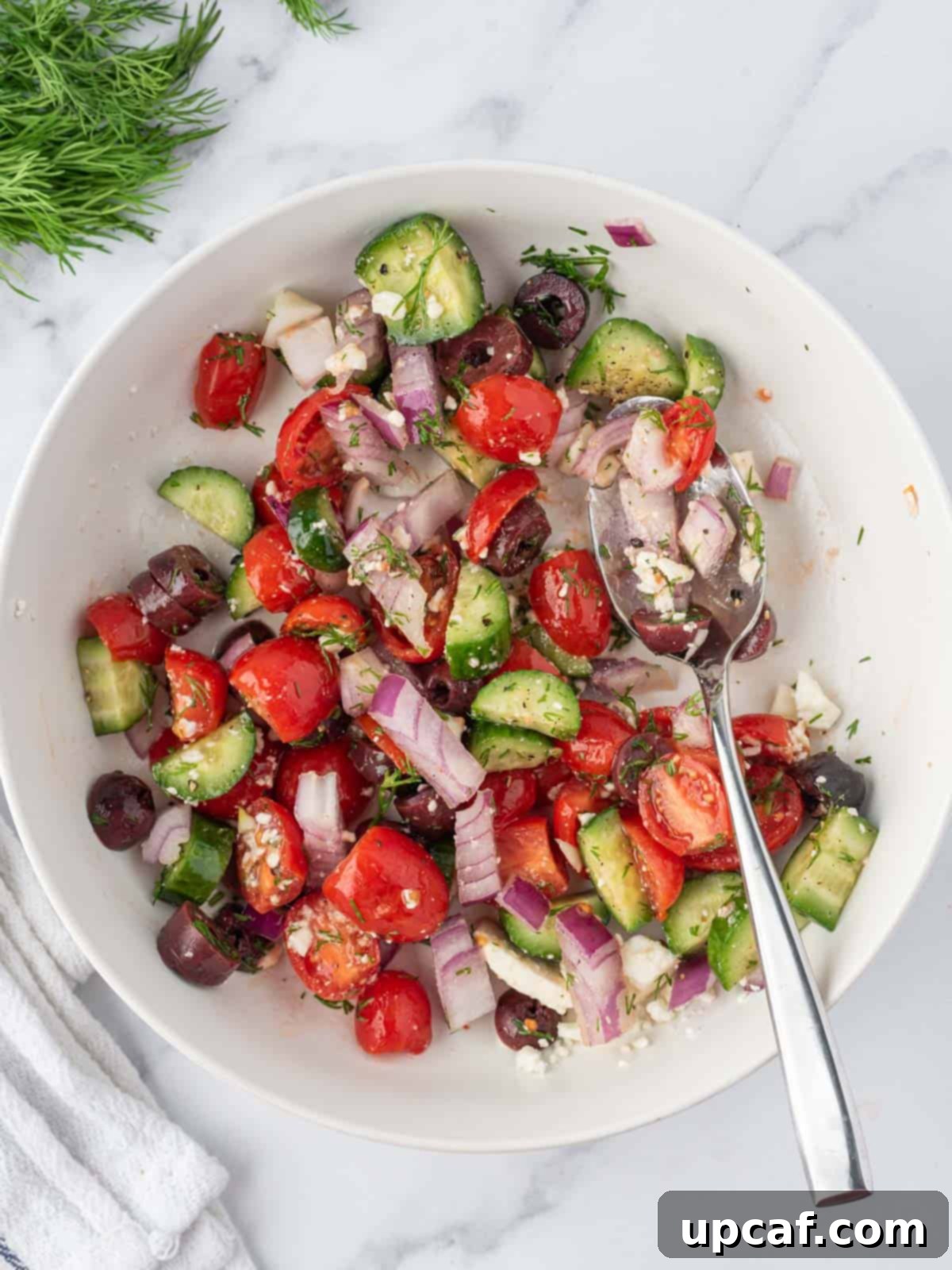 The Greek salsa, a vibrant mix of fresh tomatoes, cucumber, red onion, Kalamata olives, feta cheese, and dill, tossed together.