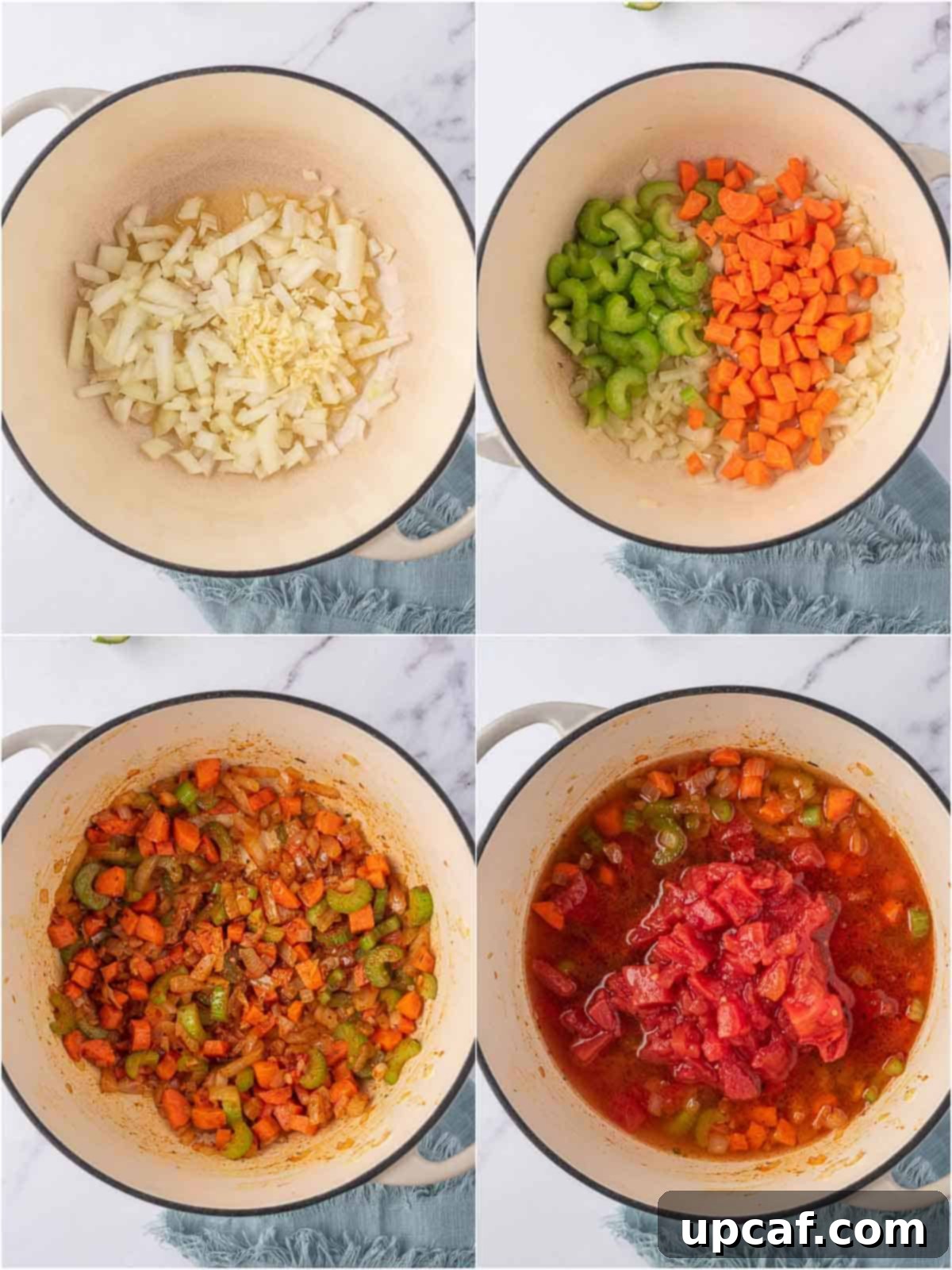 Process shots showing various vegetables, including onions, carrots, and celery, cooking down in a Dutch oven for a vibrant vegan chili base.