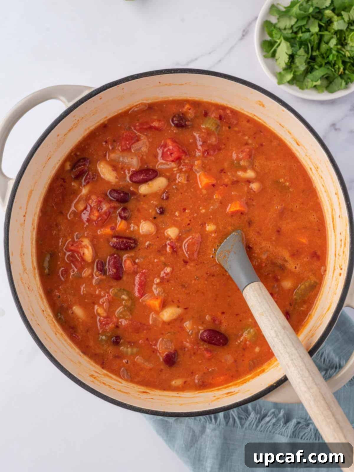 A rustic Dutch oven filled with steaming, rich easy vegan chili, garnished with fresh herbs, ready to be served.