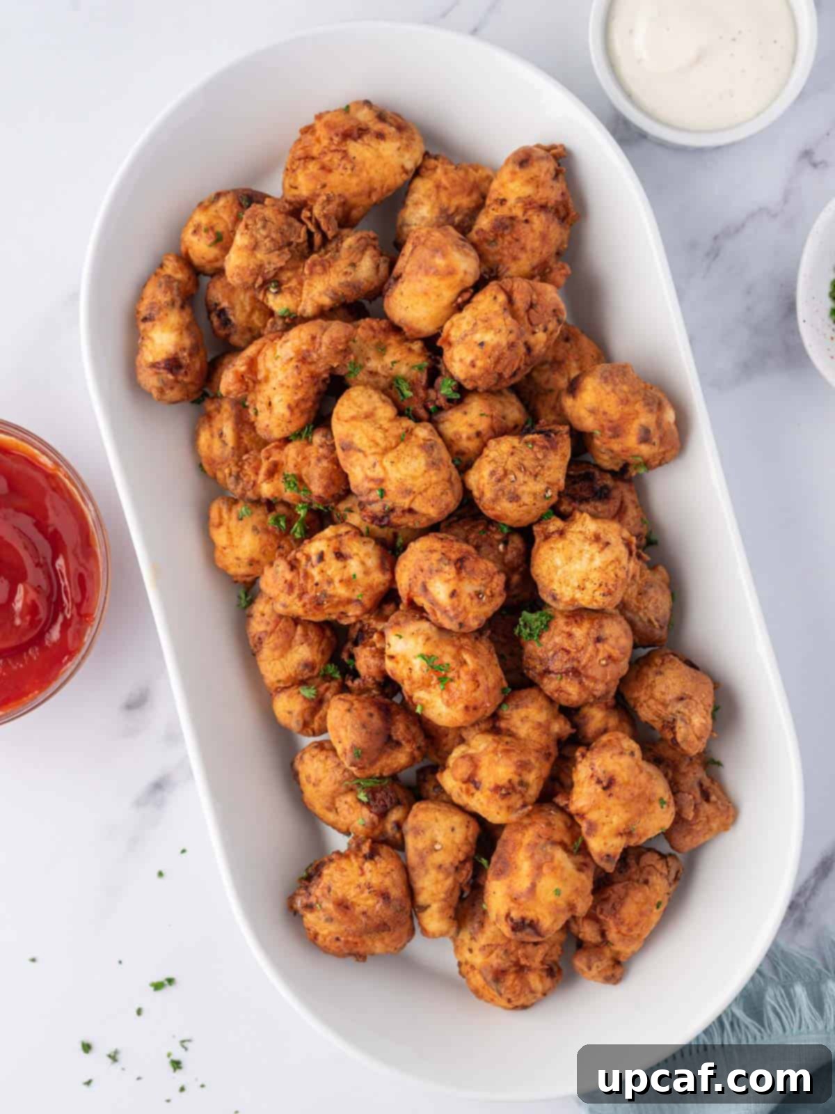 A vibrant platter overflowing with golden, crispy homemade popcorn chicken, garnished with fresh parsley, ready for a gathering.