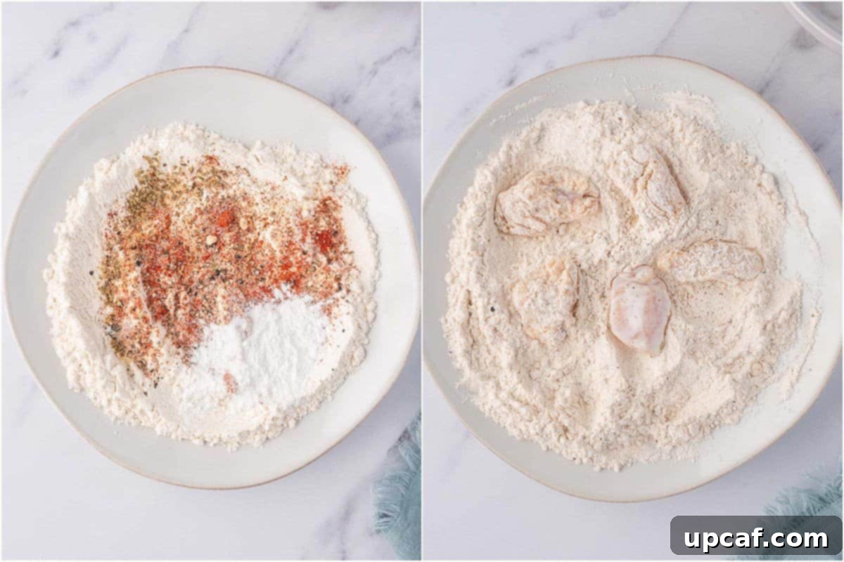 A shallow dish containing a seasoned flour mixture, representing the dredging station for homemade popcorn chicken, ensuring an even coating.