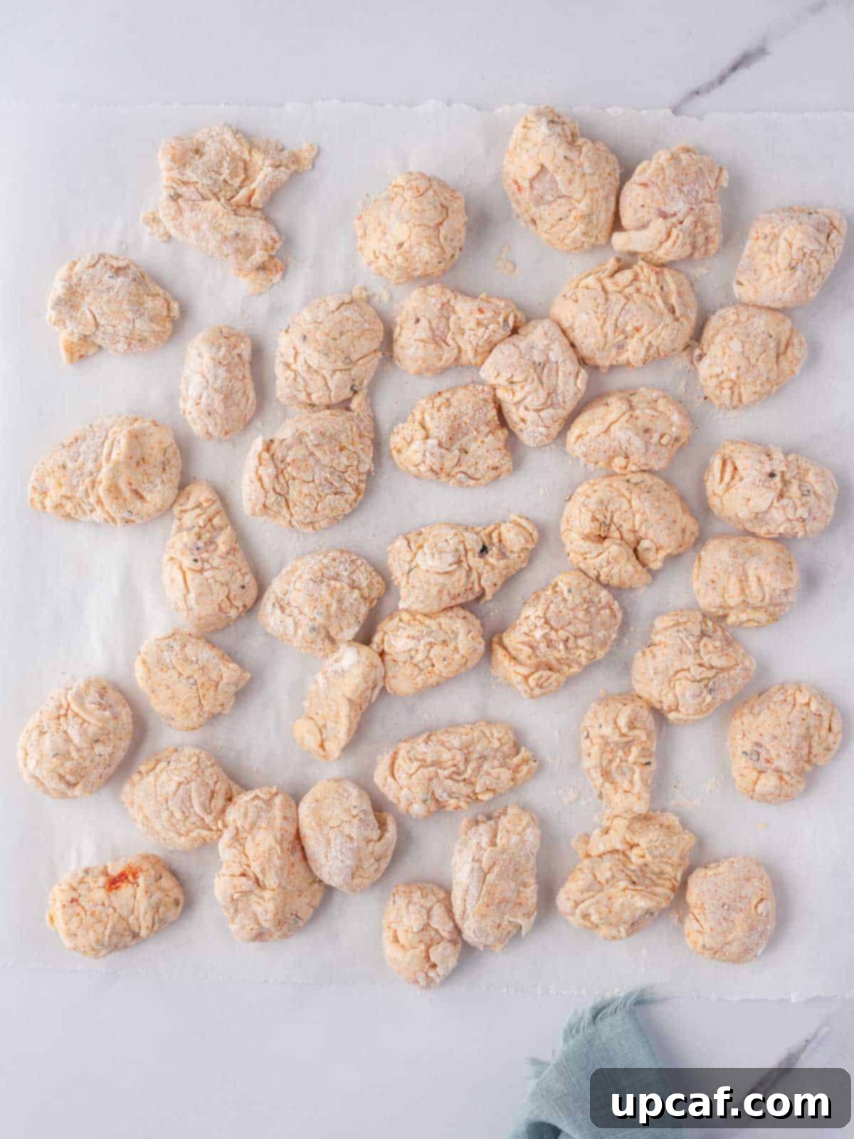 Several pieces of raw, breaded popcorn chicken nuggets arranged on a baking sheet, ready for frying.