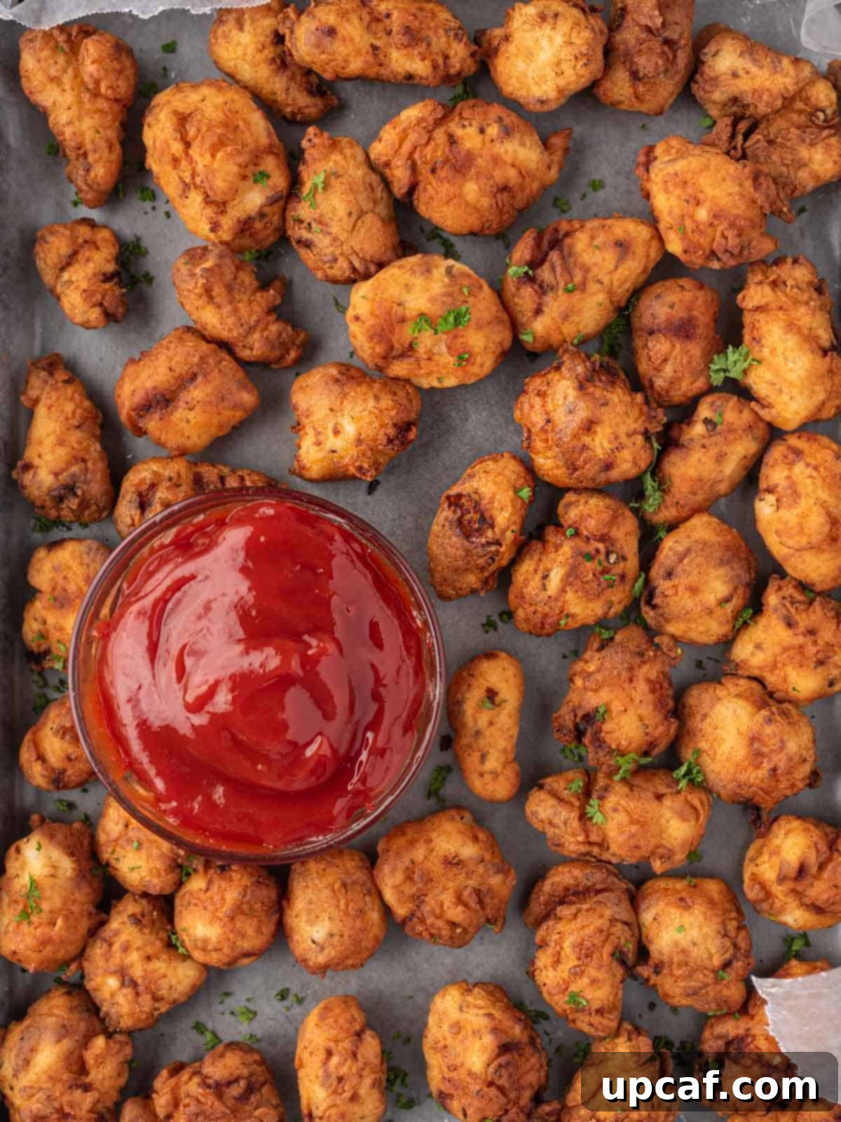 A large tray filled with freshly fried homemade popcorn chicken and a small bowl of dipping sauce, prepared for serving.