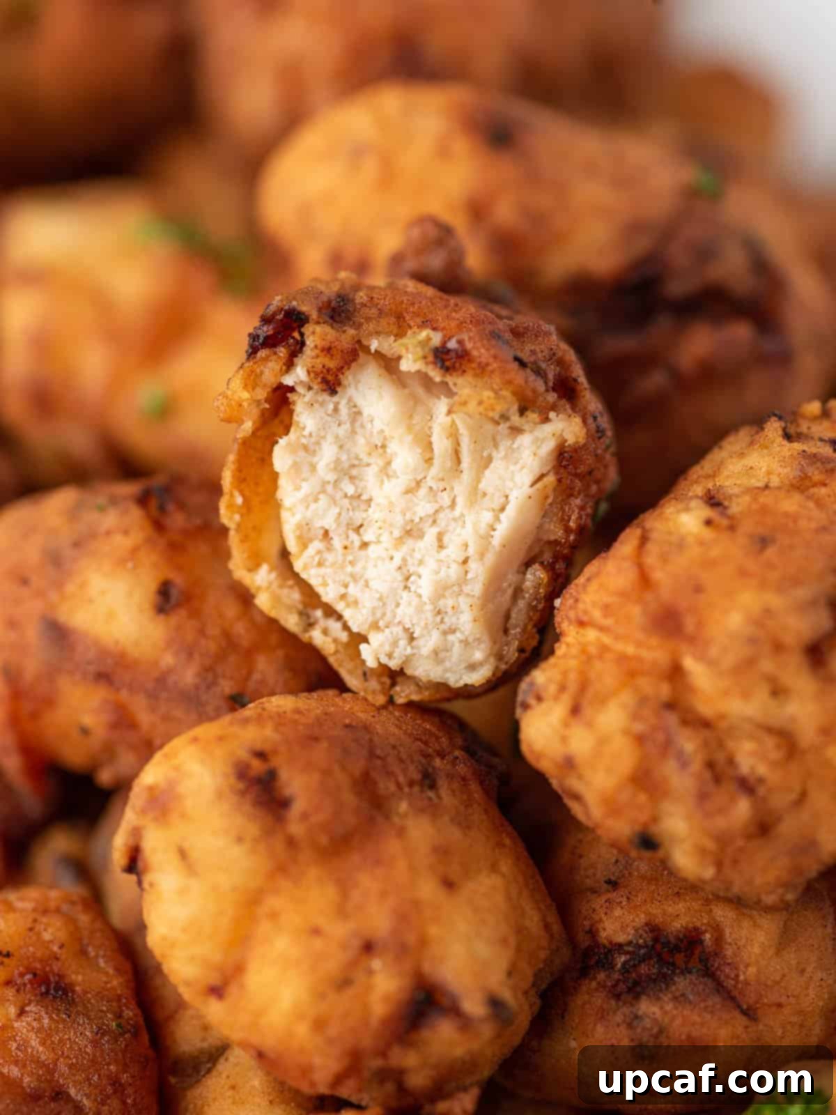 A close-up of a single, perfectly golden and juicy piece of fried popcorn chicken, showcasing its crispy coating and tender interior.