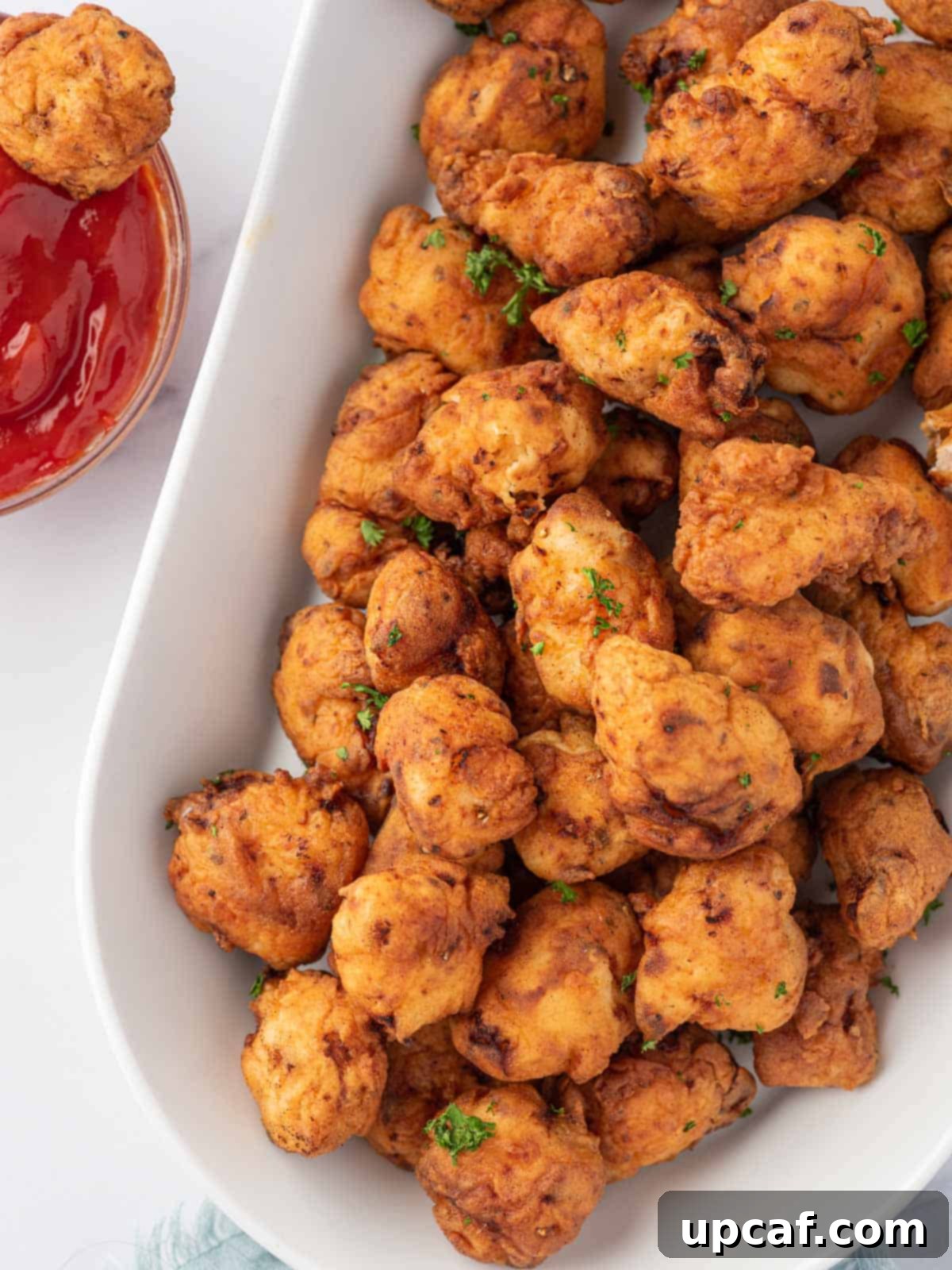 An inviting platter showcasing a generous amount of easy homemade popcorn chicken, garnished and ready to be served.