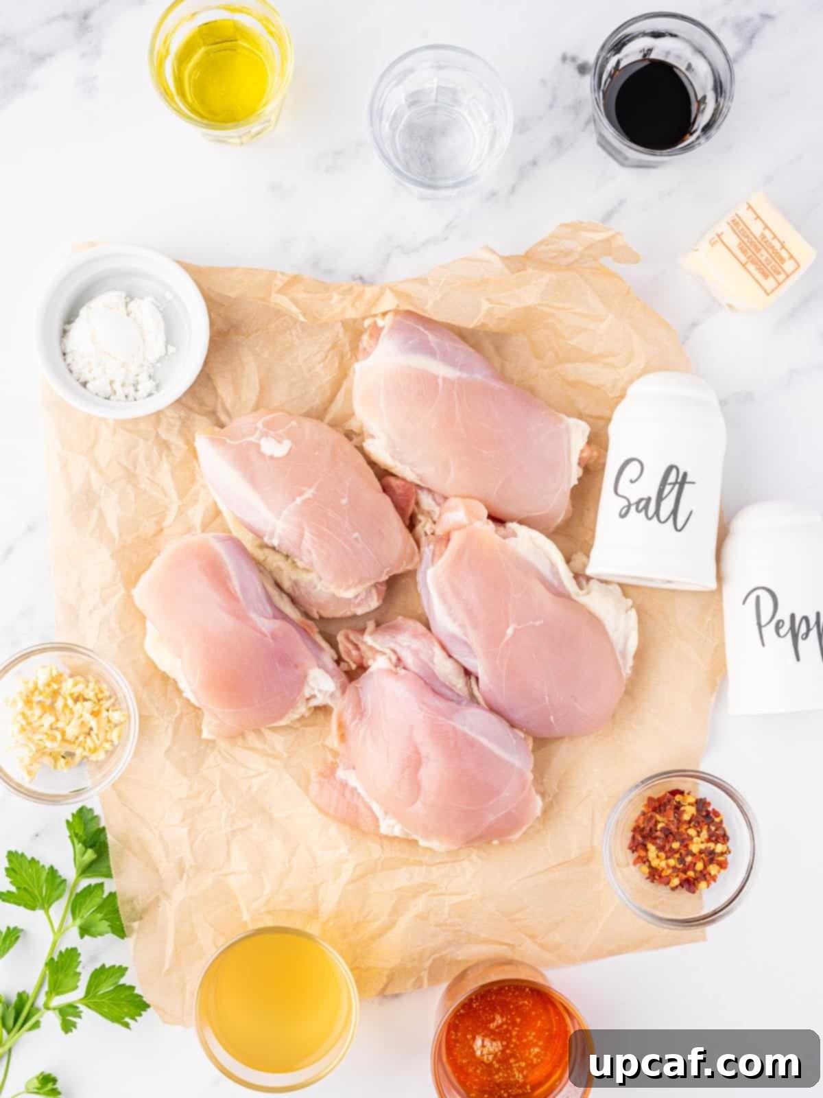 Ingredients for honey soy chicken recipe laid out on a table.