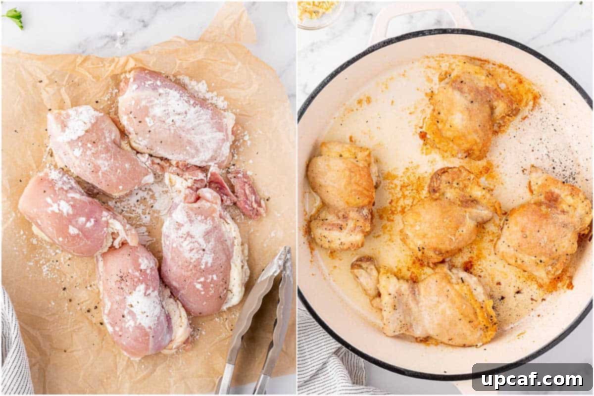 Sautéing cornstarch-dredged chicken thighs in a large skillet until golden brown.