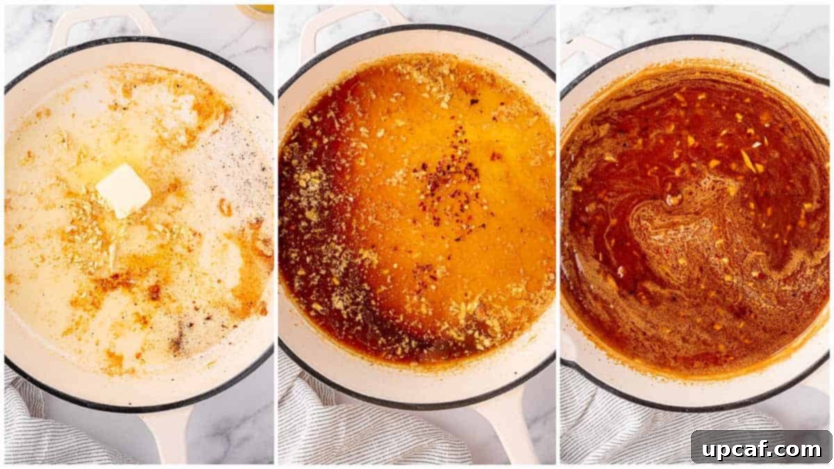 Preparing the honey garlic soy sauce in a skillet, stirring the ingredients together.