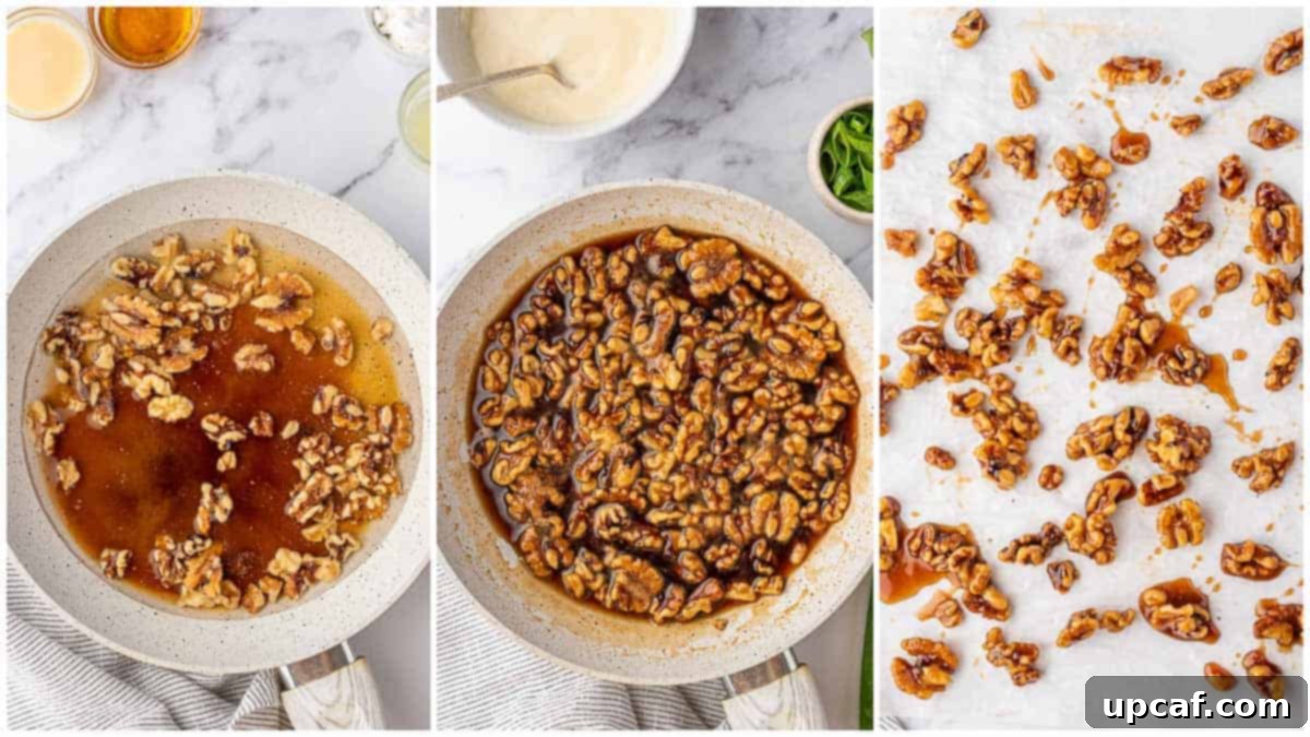 Walnuts simmering in a pan with a brown sugar and butter glaze, creating candied walnuts for the honey walnut shrimp.