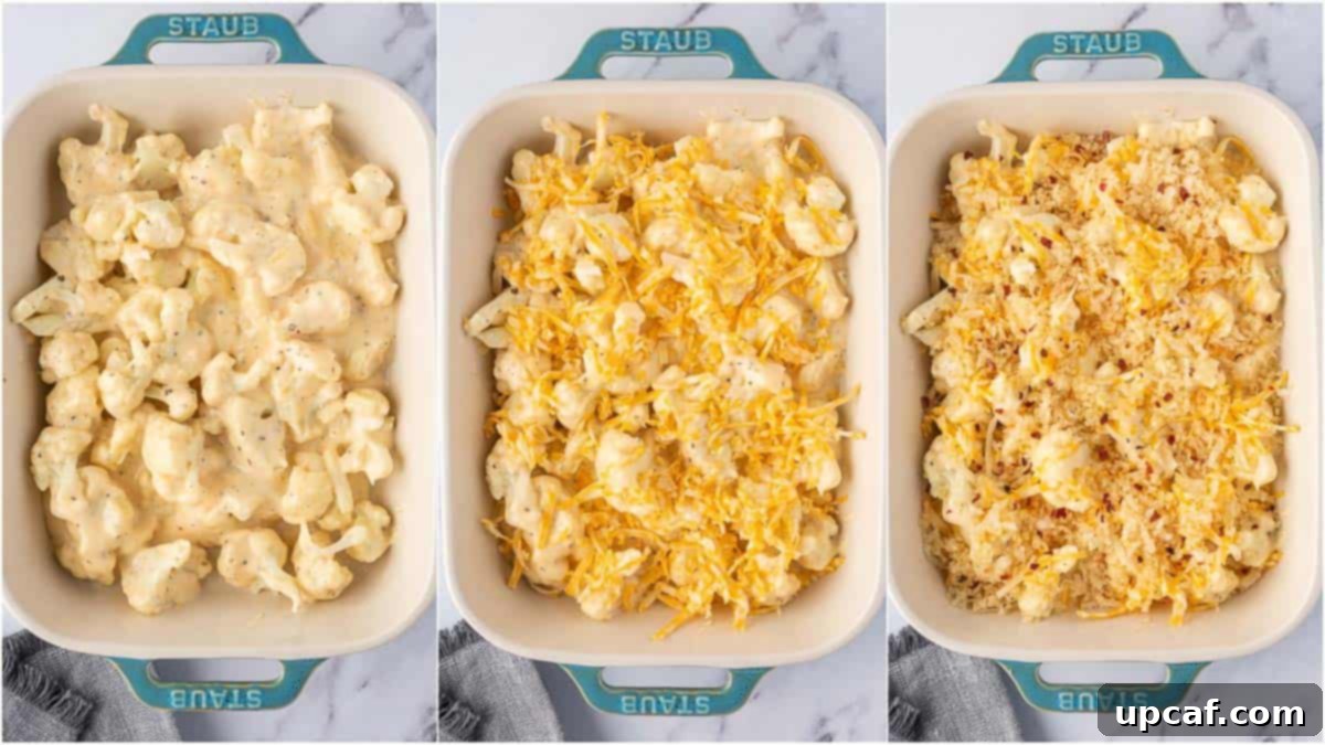 Cheesy Keto Cauliflower Bake 8 Assembling keto mack and cheese for baking.