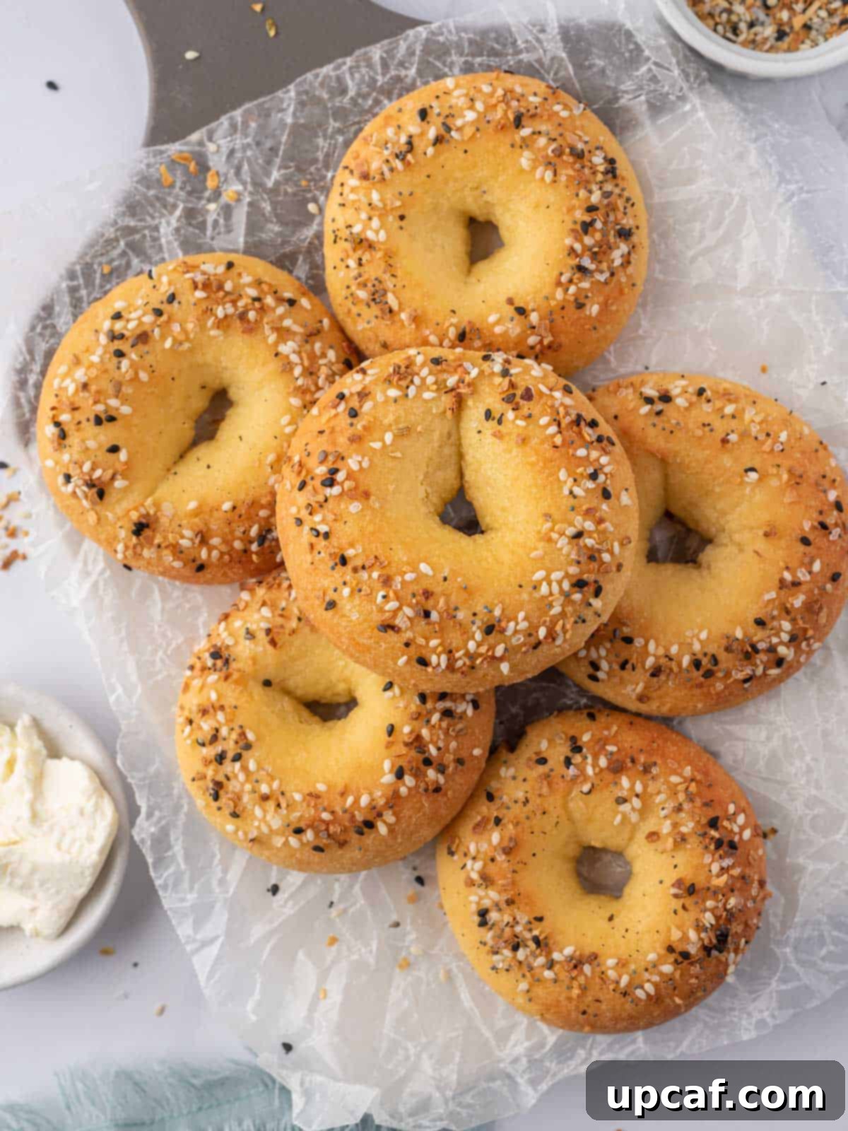 Guilt-Free Everything Keto Bagels 2 Low carb everything bagels in a pile.