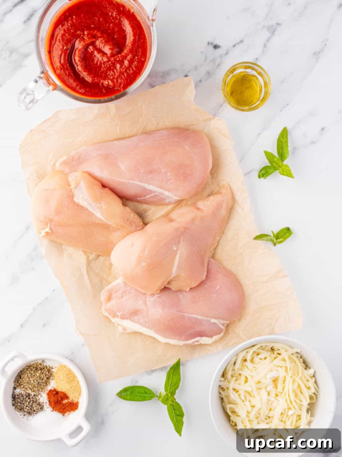 Keto Chicken Parm Skillet 3 A selection of fresh ingredients including olive oil, onion, garlic, canned tomatoes, various spices, and mozzarella cheese laid out for preparing low carb chicken parmesan.