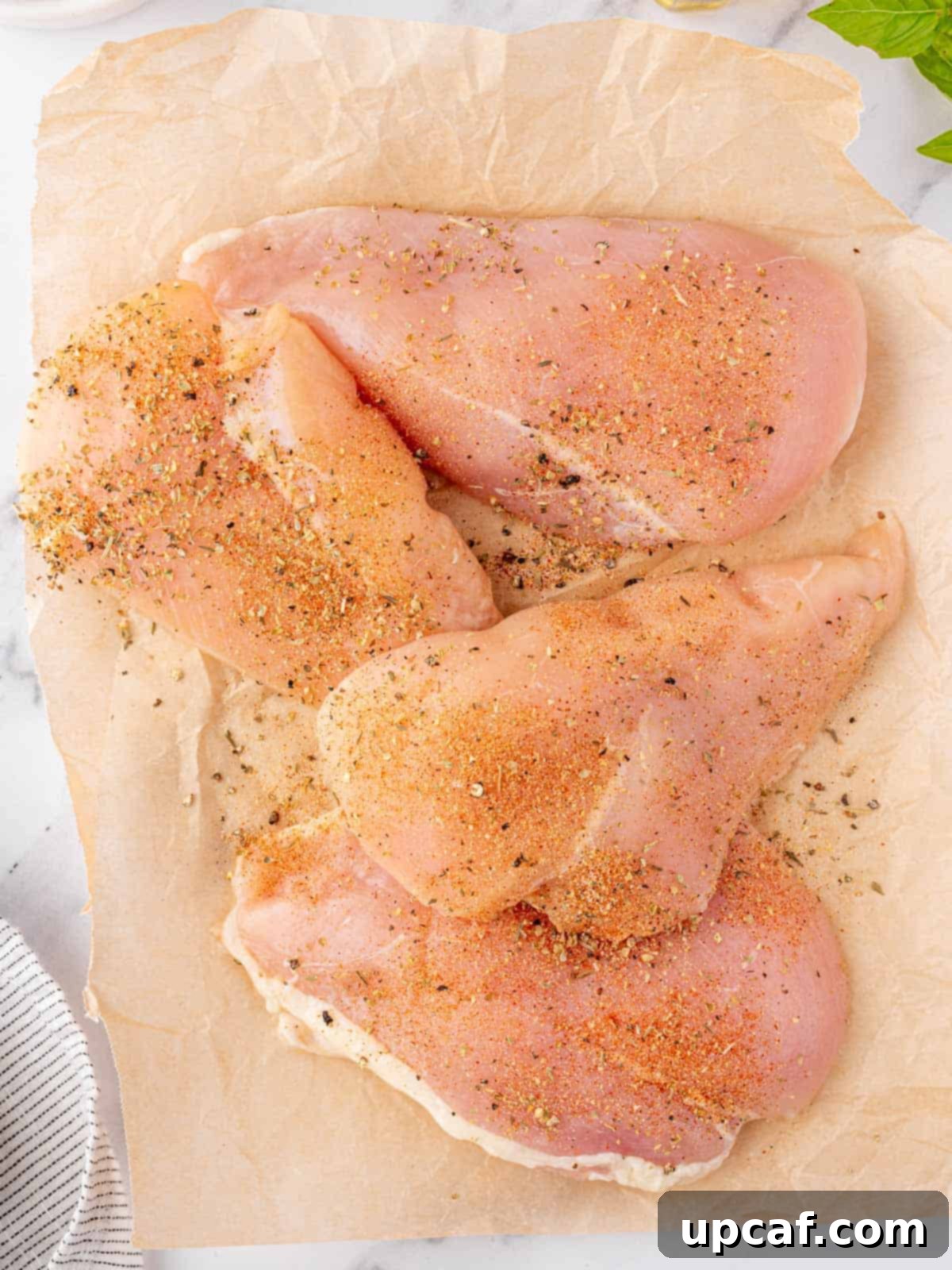 Keto Chicken Parm Skillet 4 Raw chicken breasts generously seasoned with spices, ready for searing.