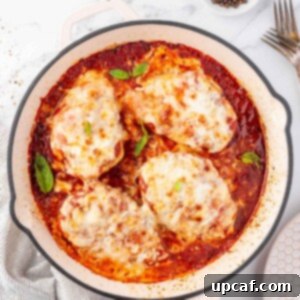 Keto Chicken Parm Skillet 10 Overhead view of a pan with chicken parmesan.