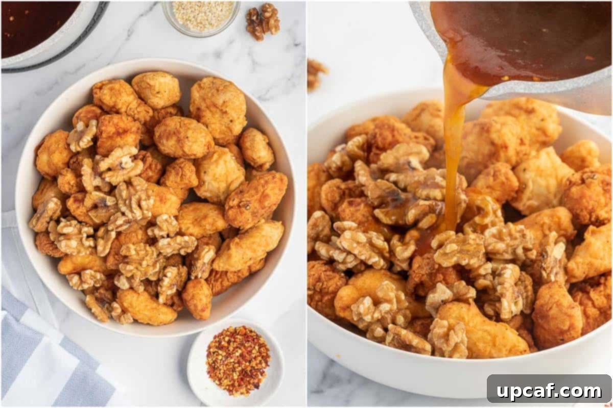 Caramelized Honey Walnut Chicken 7 adding walnut and honey sauce to the chicken.