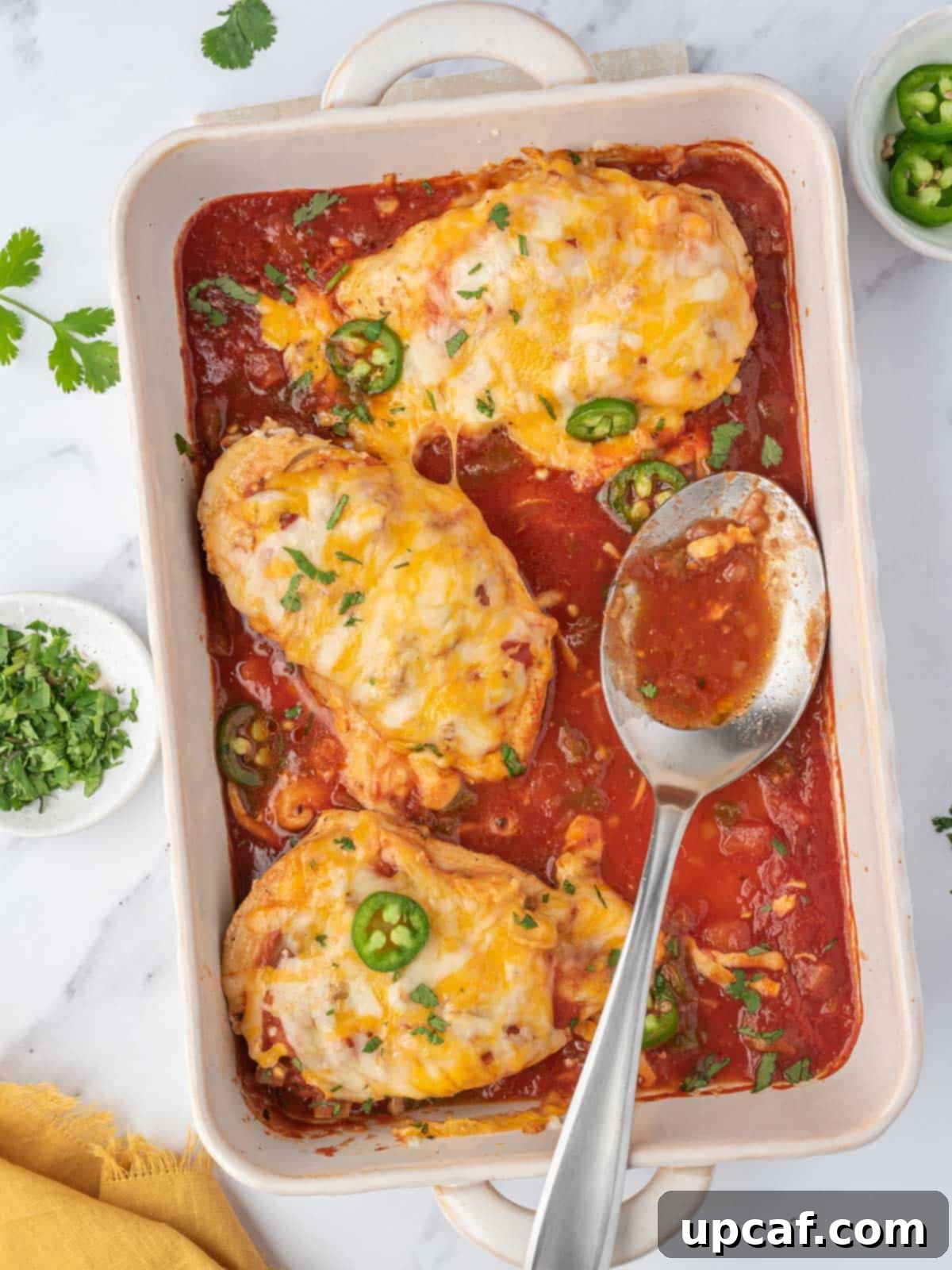A baking dish with baked salsa chicken, fresh out of the oven, with melted cheese and bubbling salsa.
