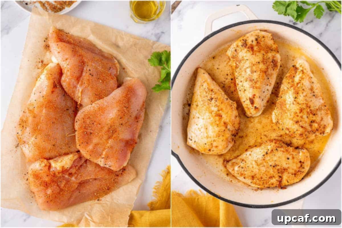 Two images side by side: one showing raw seasoned chicken, the other showing seared chicken.