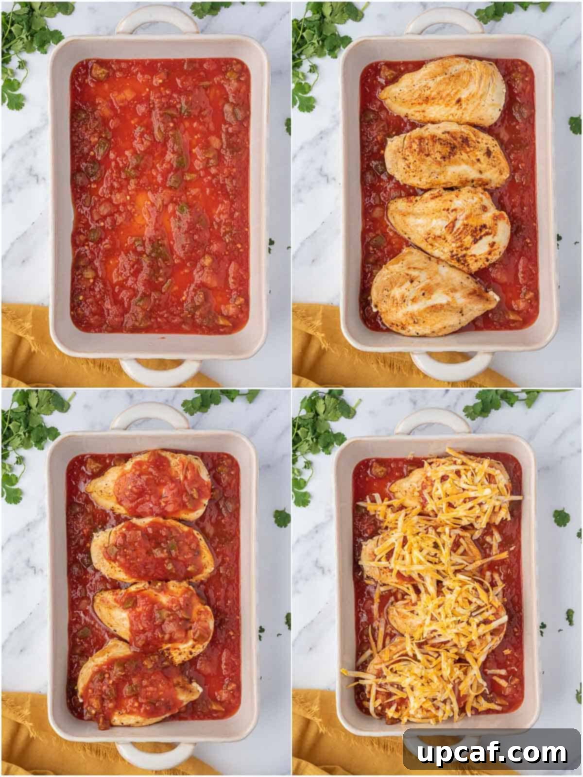 Process images showing how to layer salsa chicken in a casserole dish.