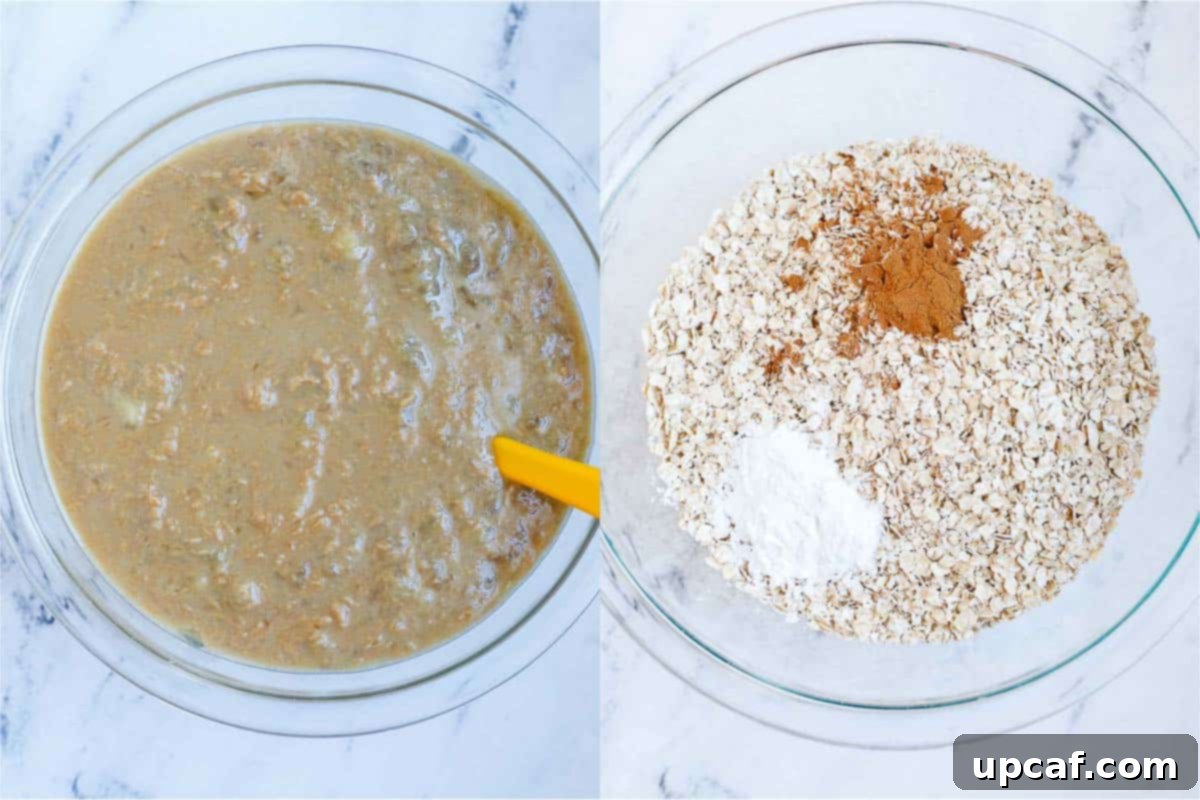 Hands mixing wet ingredients like mashed bananas, milk, egg, peanut butter, and maple syrup in a bowl for chocolate chip baked oatmeal batter.