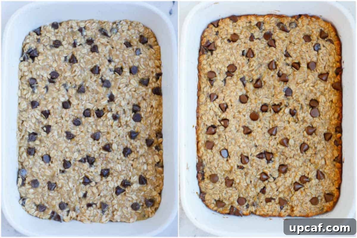 The chocolate oatmeal bake mixture poured into a rectangular baking dish, topped with extra chocolate chips, ready to be placed in the oven.