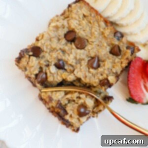 A plate with chocolate chip baked oats, fruit and a fork.