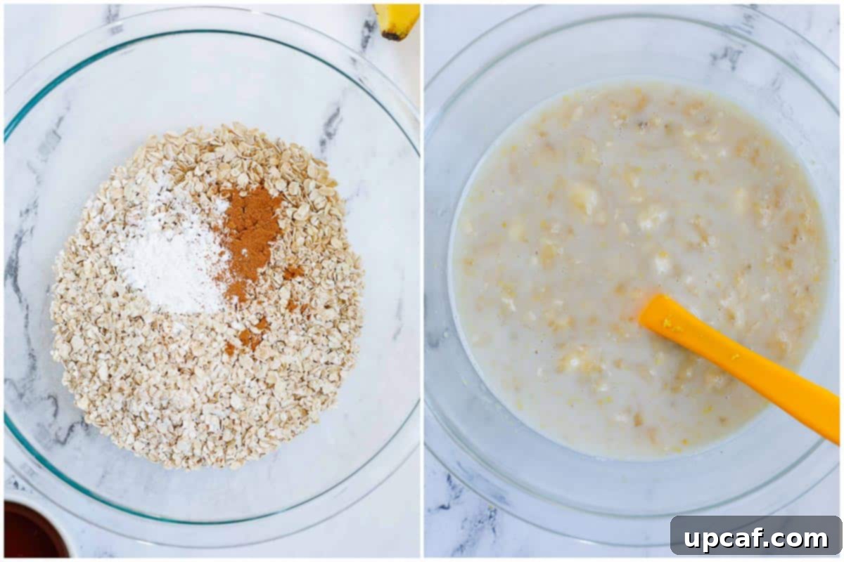 Hearty Blueberry Baked Oatmeal 4 Two separate bowls on a kitchen counter: one with mashed bananas and wet ingredients like almond milk, vanilla, and maple syrup; the other with dry ingredients including rolled oats, quick oats, cinnamon, lemon zest, salt, and baking powder.
