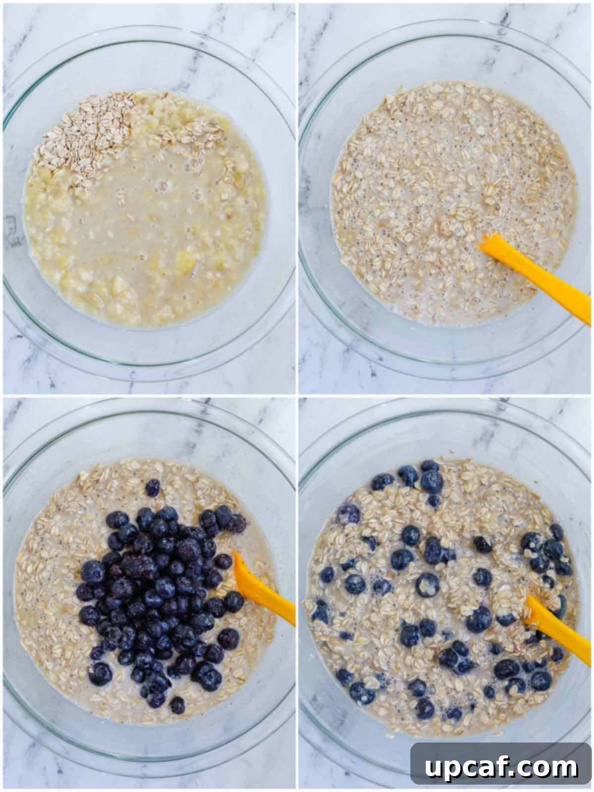 Hearty Blueberry Baked Oatmeal 5 A bowl filled with the combined wet and dry ingredients, along with frozen blueberries being gently folded into the batter to create the blueberry oatmeal bake mixture.