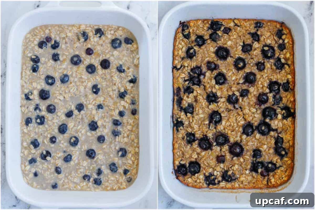 Hearty Blueberry Baked Oatmeal 6 A two-part image showing the blueberry oatmeal mixture in a baking dish before baking, and then the beautifully golden-brown, baked oatmeal after coming out of the oven.