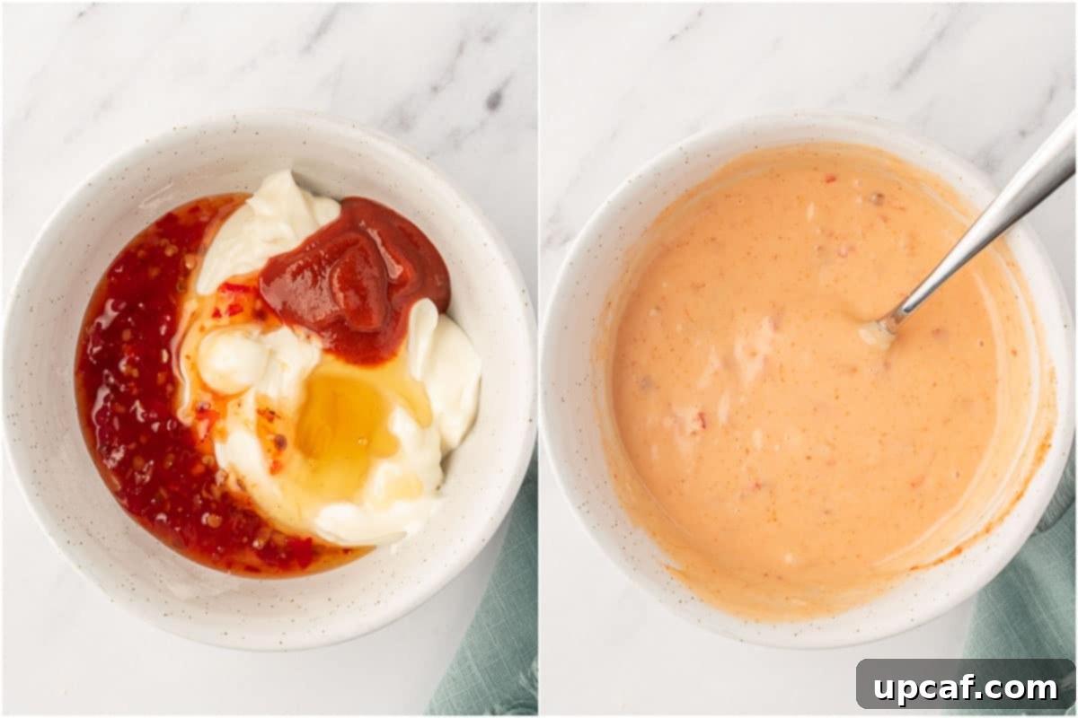 Mixing ingredients for the bang bang sauce in a small bowl.