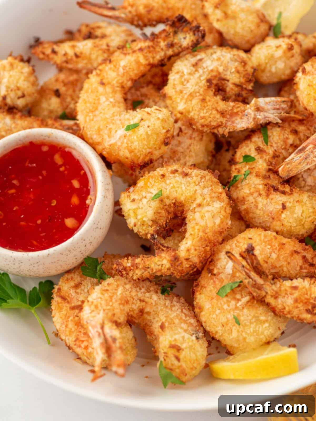 A beautifully arranged plate of crispy air fryer breaded shrimp, golden and inviting, accompanied by a small bowl of dipping sauce.