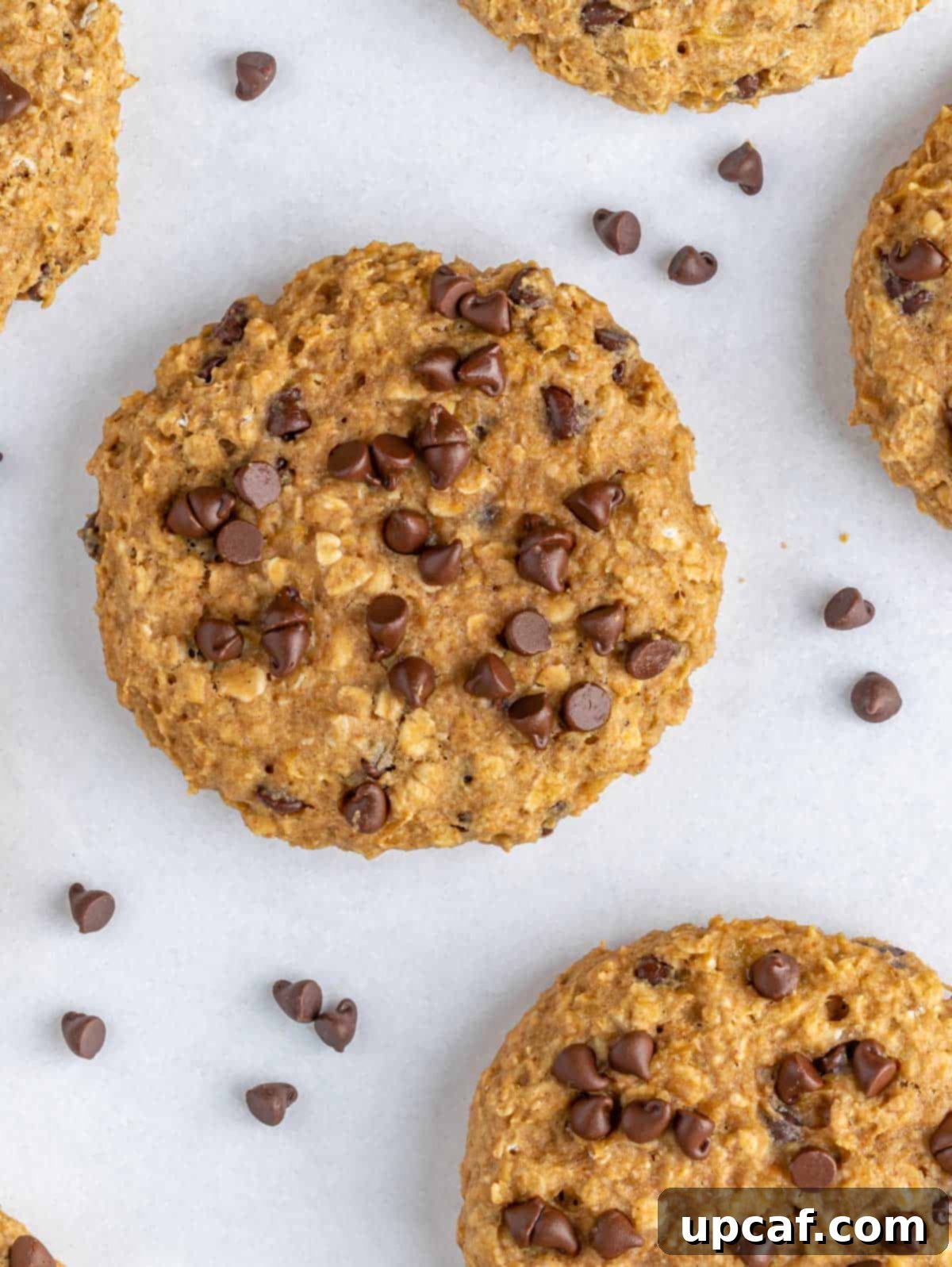 Overhead view of a healthy chocolate chip oatmeal cookie with chocolate chips scattered around.