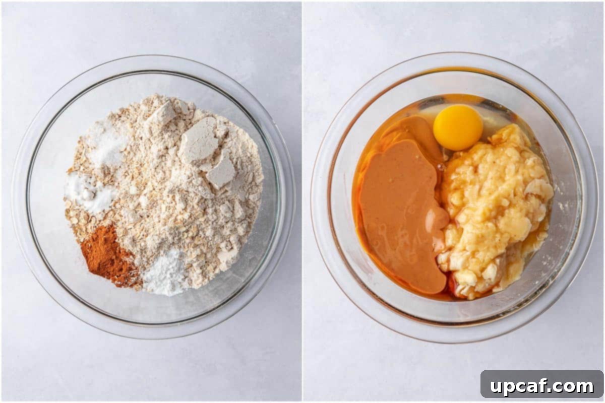Two photos showing the wet and dry ingredients in different bowls.