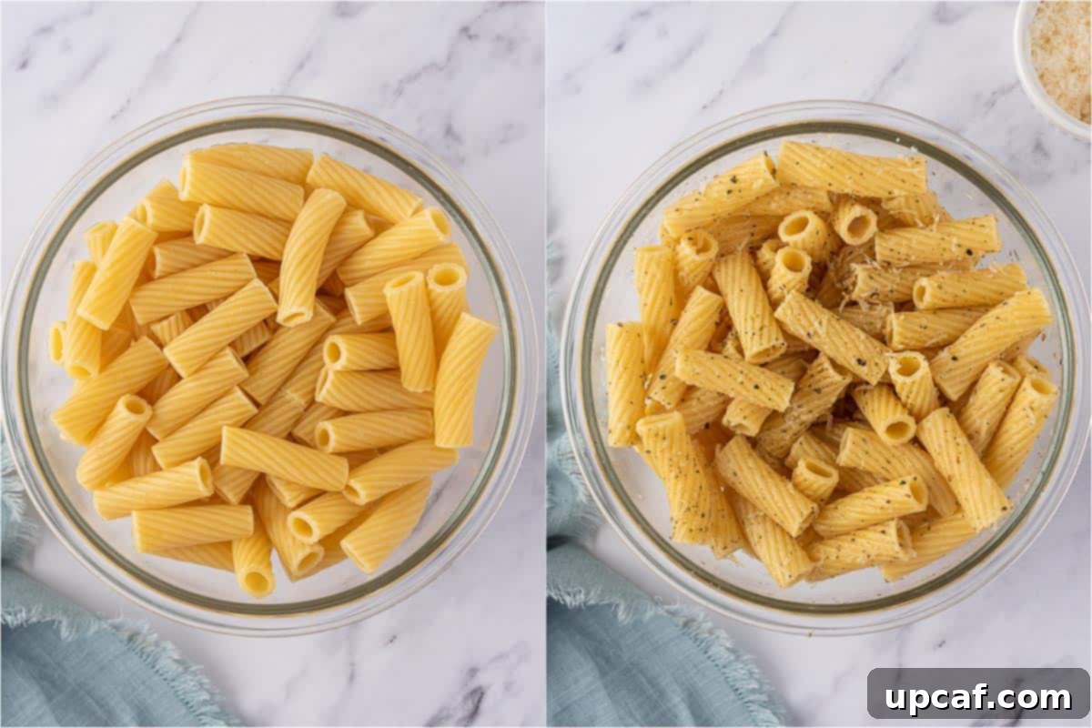 Seasoning cooked noodles for air fryer pasta chips.