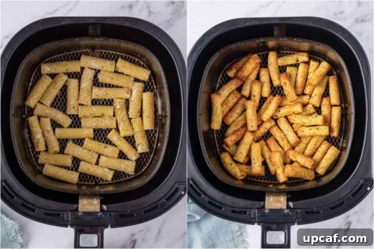Cooked pasta noodles in air fryer for tiktok pasta chips.
