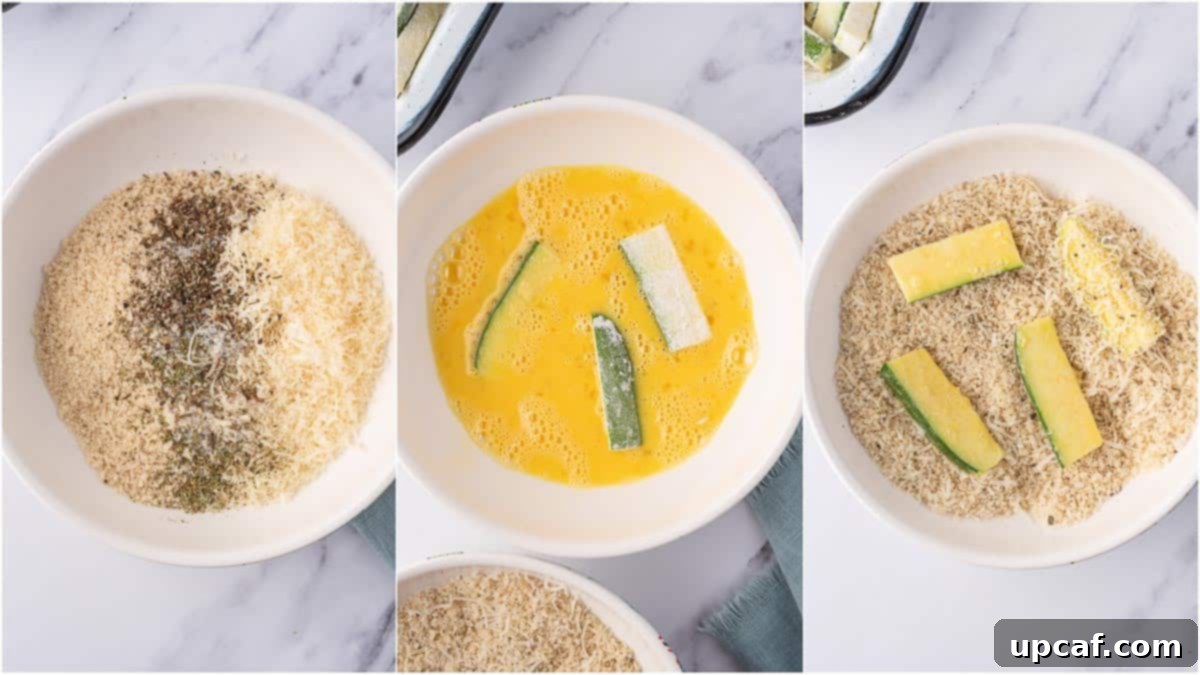 The three-step breading process for zucchini sticks: flour, egg, and panko mixture.