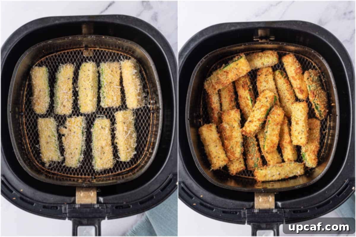 Before and after view of zucchini sticks being air-fried to a golden crisp.