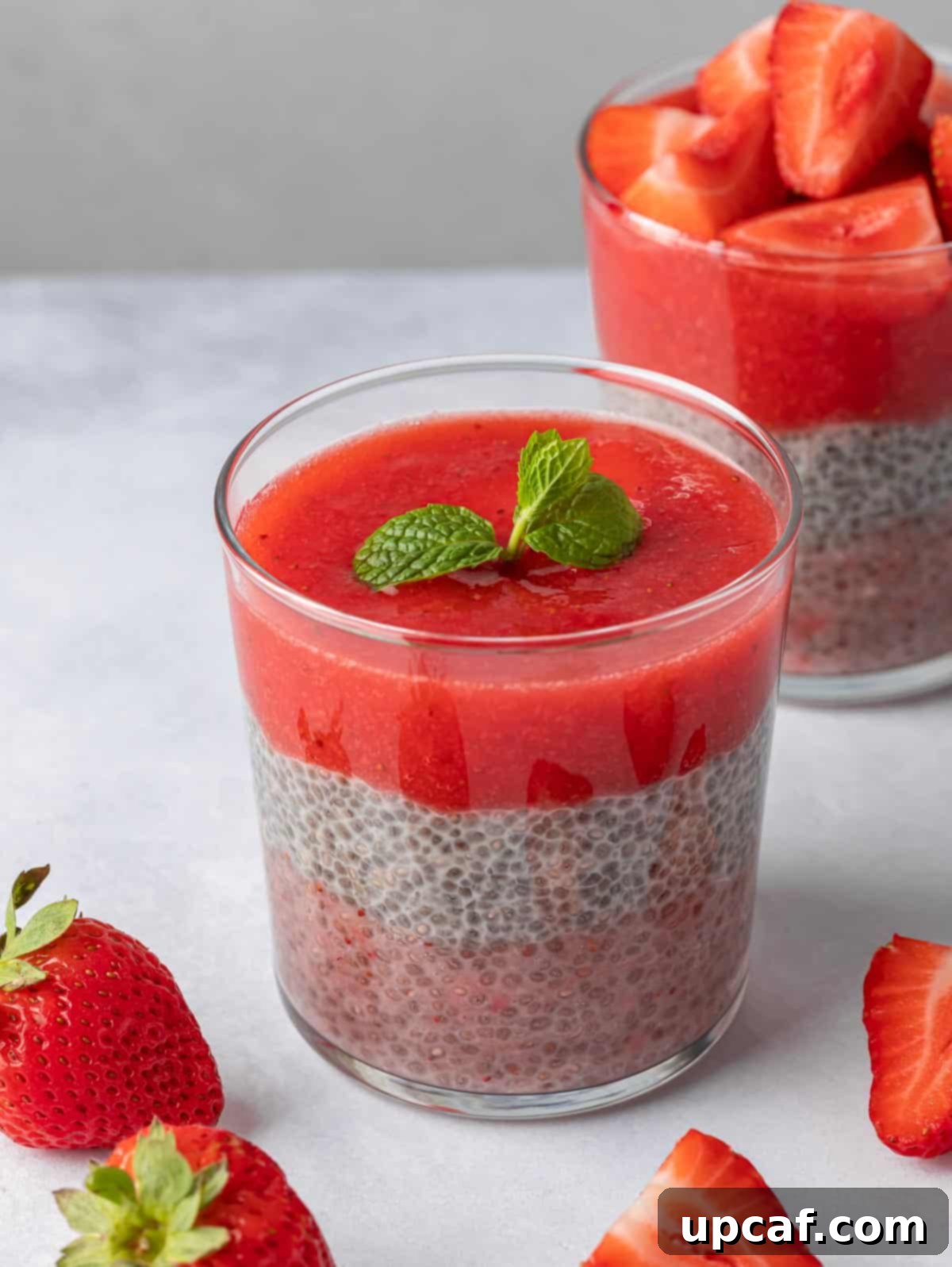 Creamy Strawberry Chia Pudding 7 A vibrant glass of strawberry chia pudding, garnished with fresh mint, sitting on a wooden surface, embodying a healthy and refreshing meal.