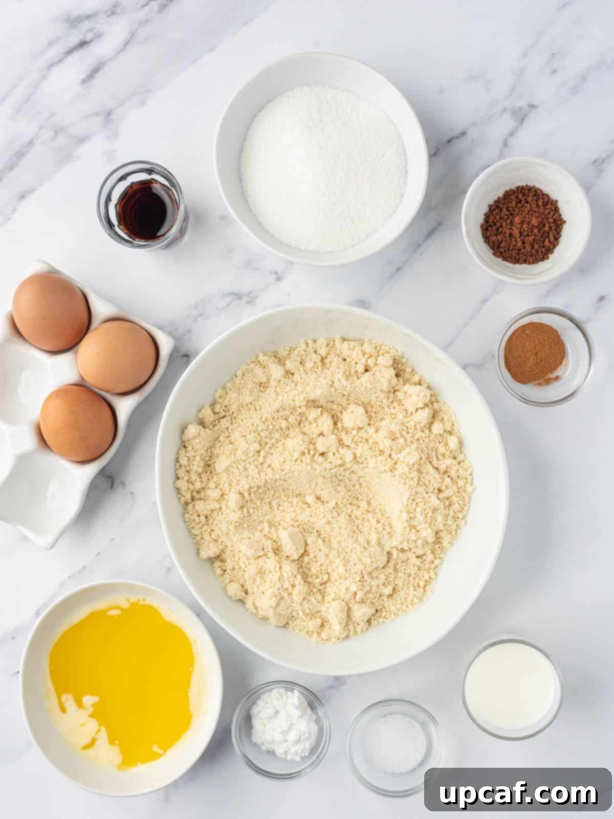 A collection of ingredients laid out, including blanched almond flour, sweetener, eggs, butter, almond milk, vanilla extract, cinnamon, and instant coffee powder, ready for making low carb coffee cake.