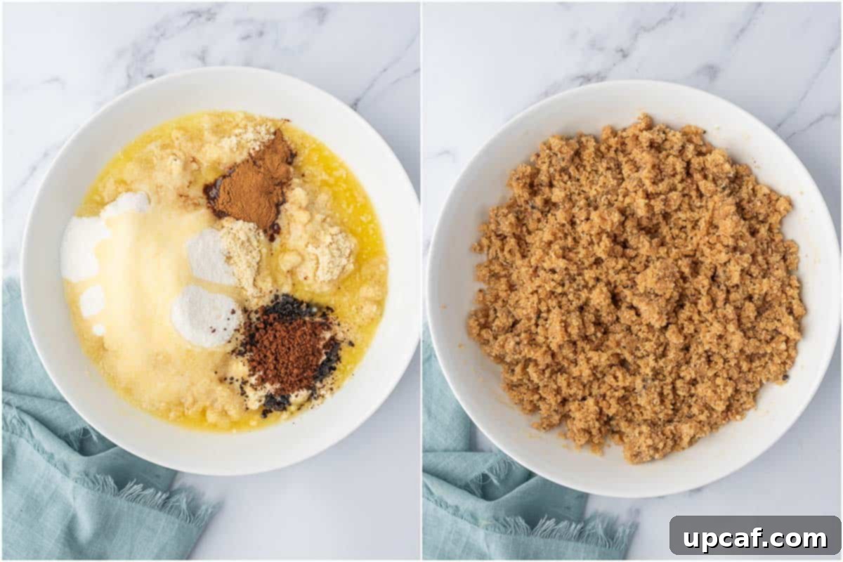 Close-up of the process of making the streusel topping for the almond flour coffee cake, showing the ingredients being mixed into a crumbly texture.