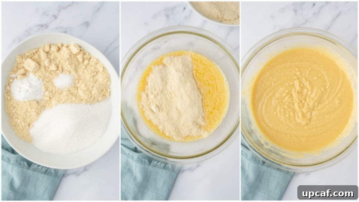A bowl of almond flour coffee cake batter, showing the smooth consistency after combining dry and wet ingredients for the low carb coffee cake.