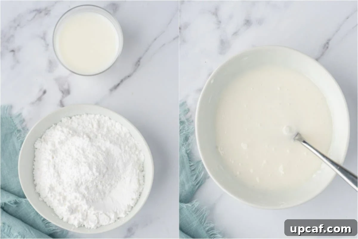 Close-up of the process of preparing the glaze for the keto almond flour cake, showing powdered sweetener and almond milk being mixed into a smooth, syrupy consistency.