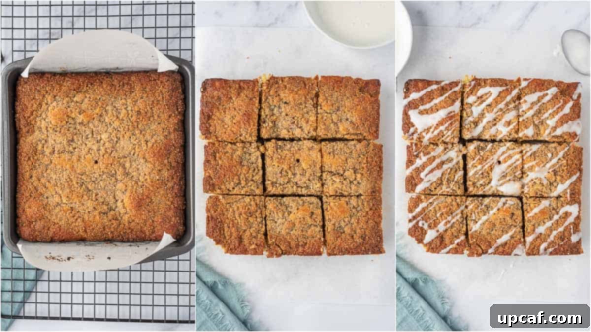 Close-up of the process of slicing and glazing keto coffee cake, showing the finished cake with a generous drizzle of glaze being cut into squares.