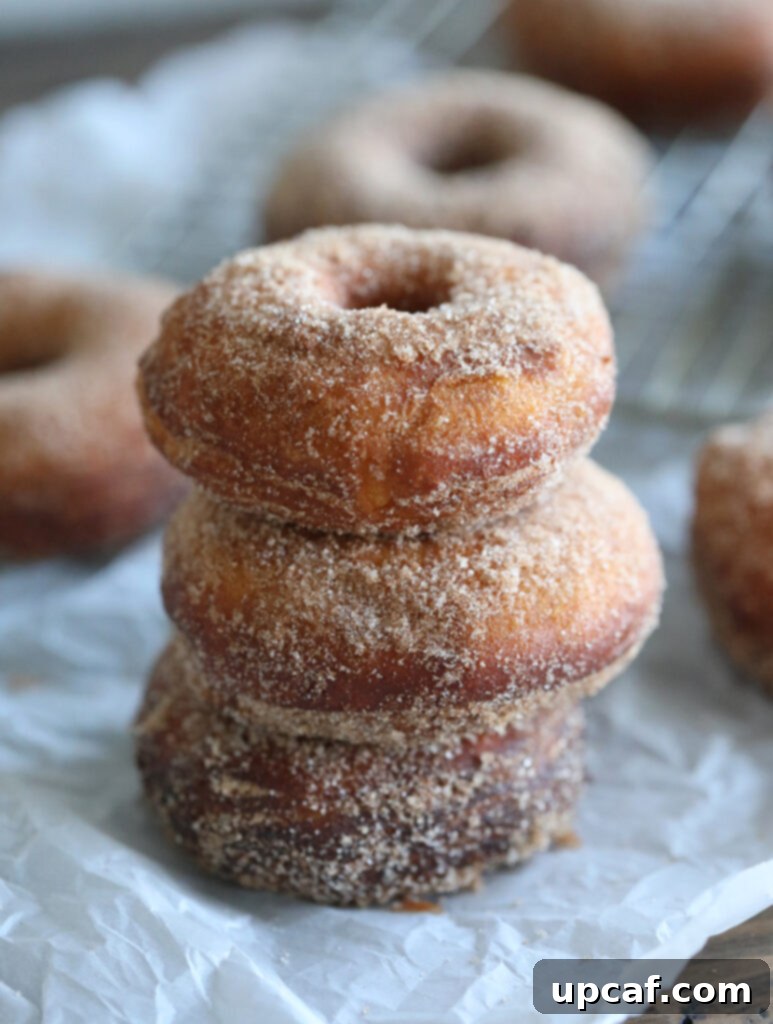 Stack of warm, fluffy Cinnamon Sugar Donuts on a white plate, glistening with sugar.